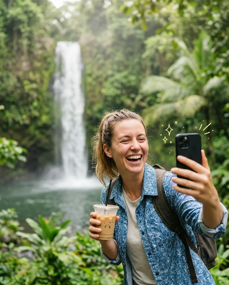 A traveler laughing while filming a selfie video in front of a jungle waterfall, holding an iced coffee.