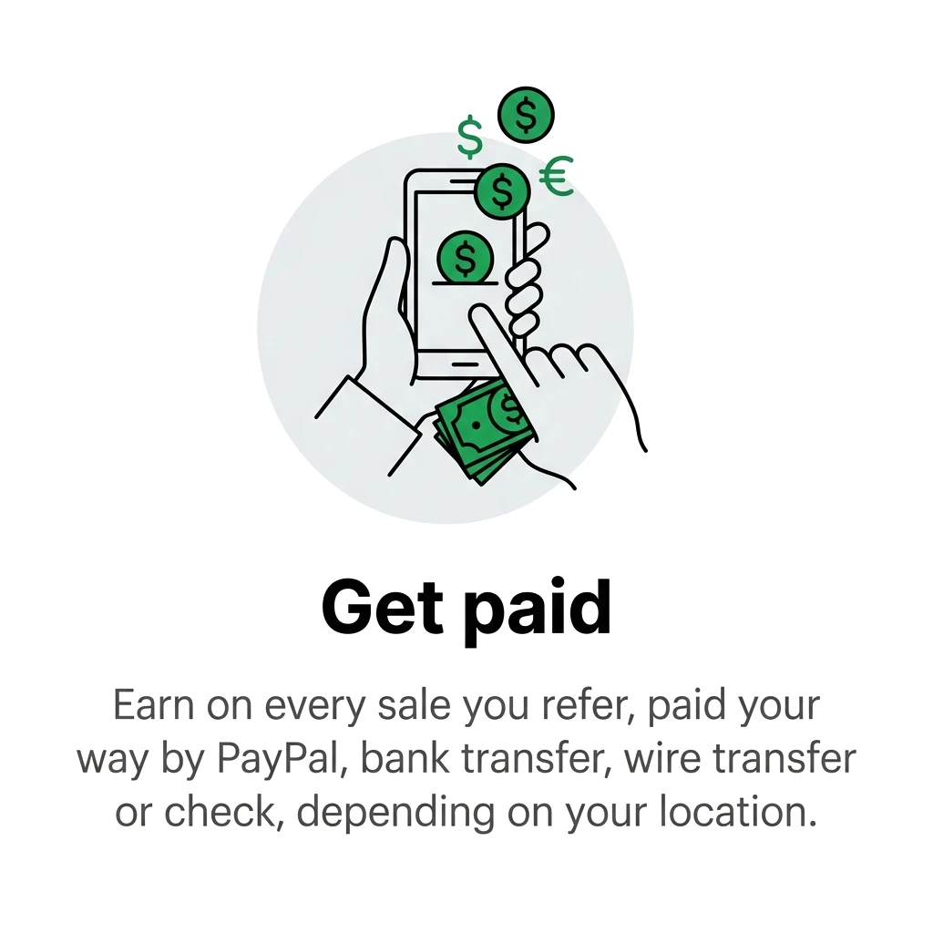 Get paid. Earn on every sale you refer, paid your way by PayPal, bank transfer, wire transfer or check, depending on your location.