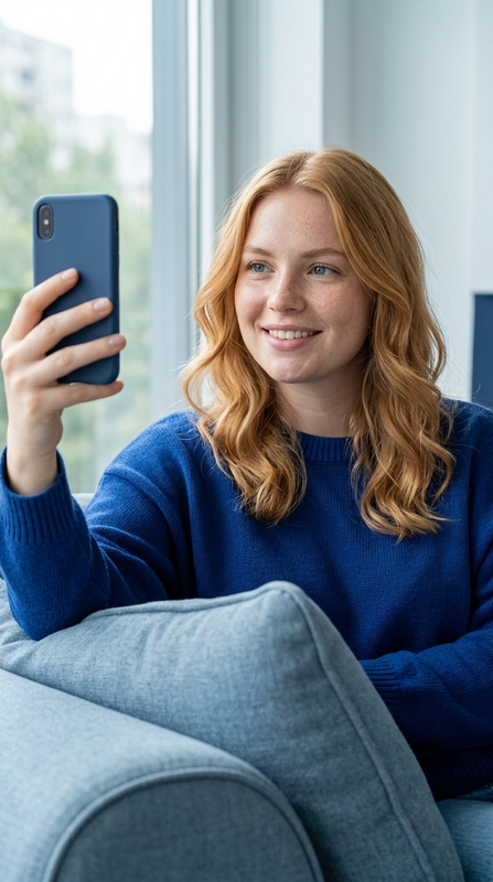 Woman seated at home holding a phone