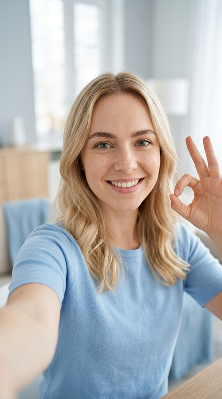 Woman taking a selfie with an OK hand gesture