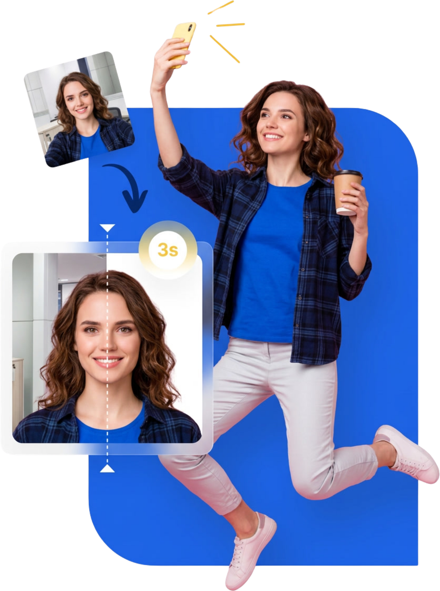A woman takes a joyful selfie with her phone; in three seconds it becomes a compliant, cropped visa photo on a white background
